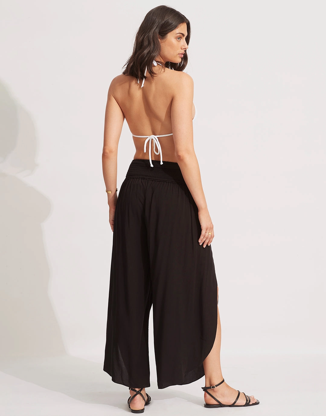 Shirred Waist Wrap Beach Trousers - Black