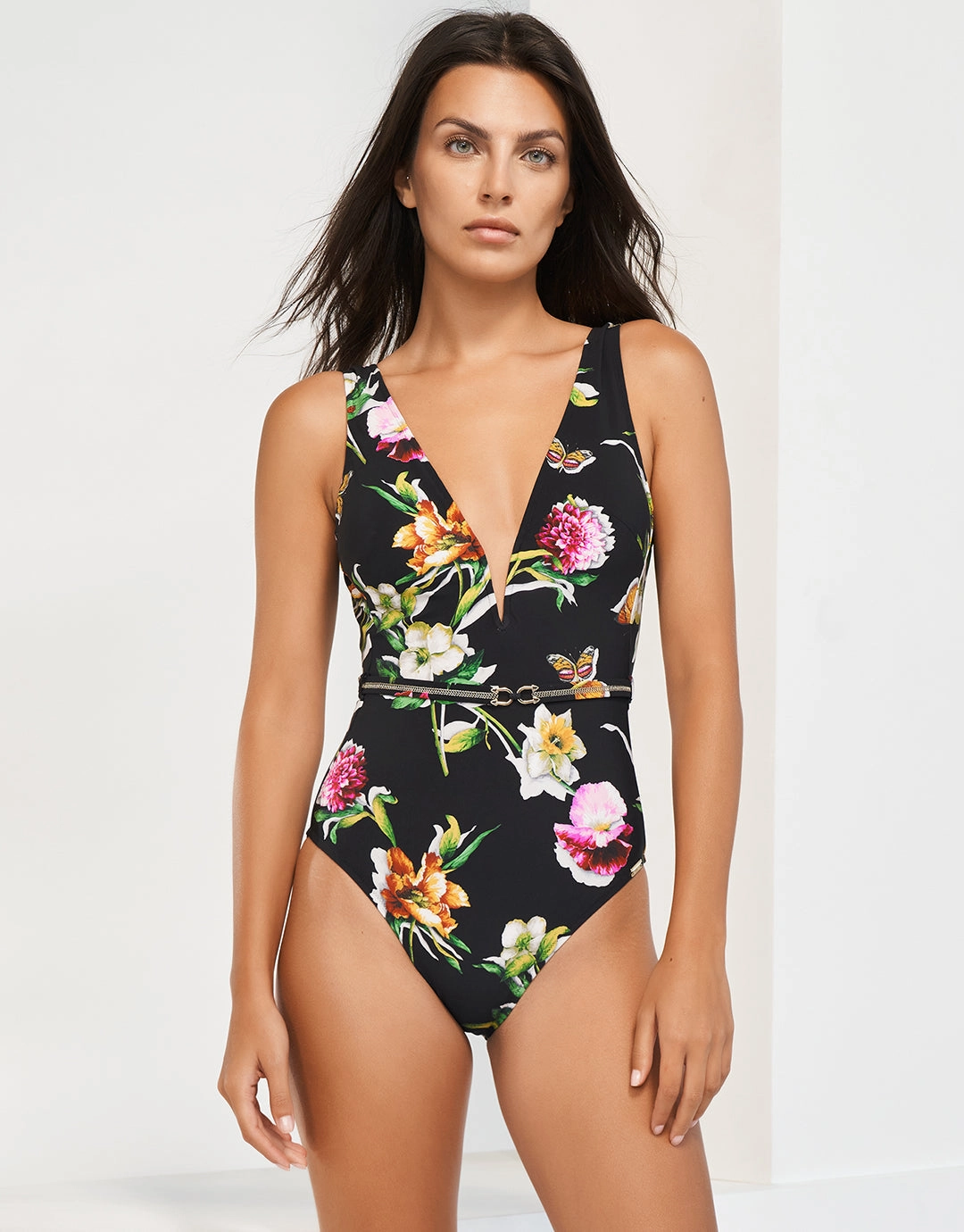 Siciliana Plunge Swimsuit - Black-Brights
