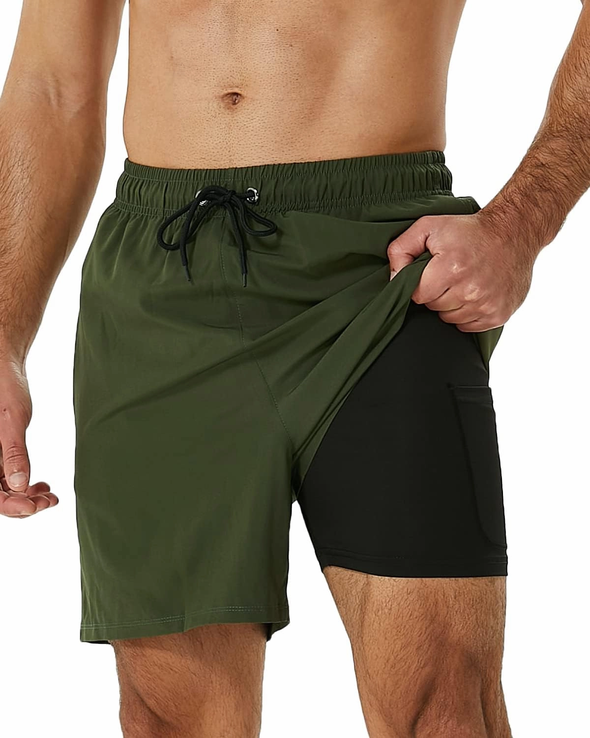 SILKWORLD Mens Swimming Trunks with Compression Liner 2 in 1 Quick-Dry Swim Shorts with Zipper Pockets
