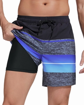 SILKWORLD Mens Swimming Trunks with Compression Liner 2 in 1 Quick-Dry Swim Shorts with Zipper Pockets
