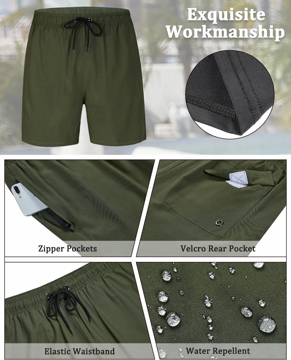 SILKWORLD Mens Swimming Trunks with Compression Liner 2 in 1 Quick-Dry Swim Shorts with Zipper Pockets