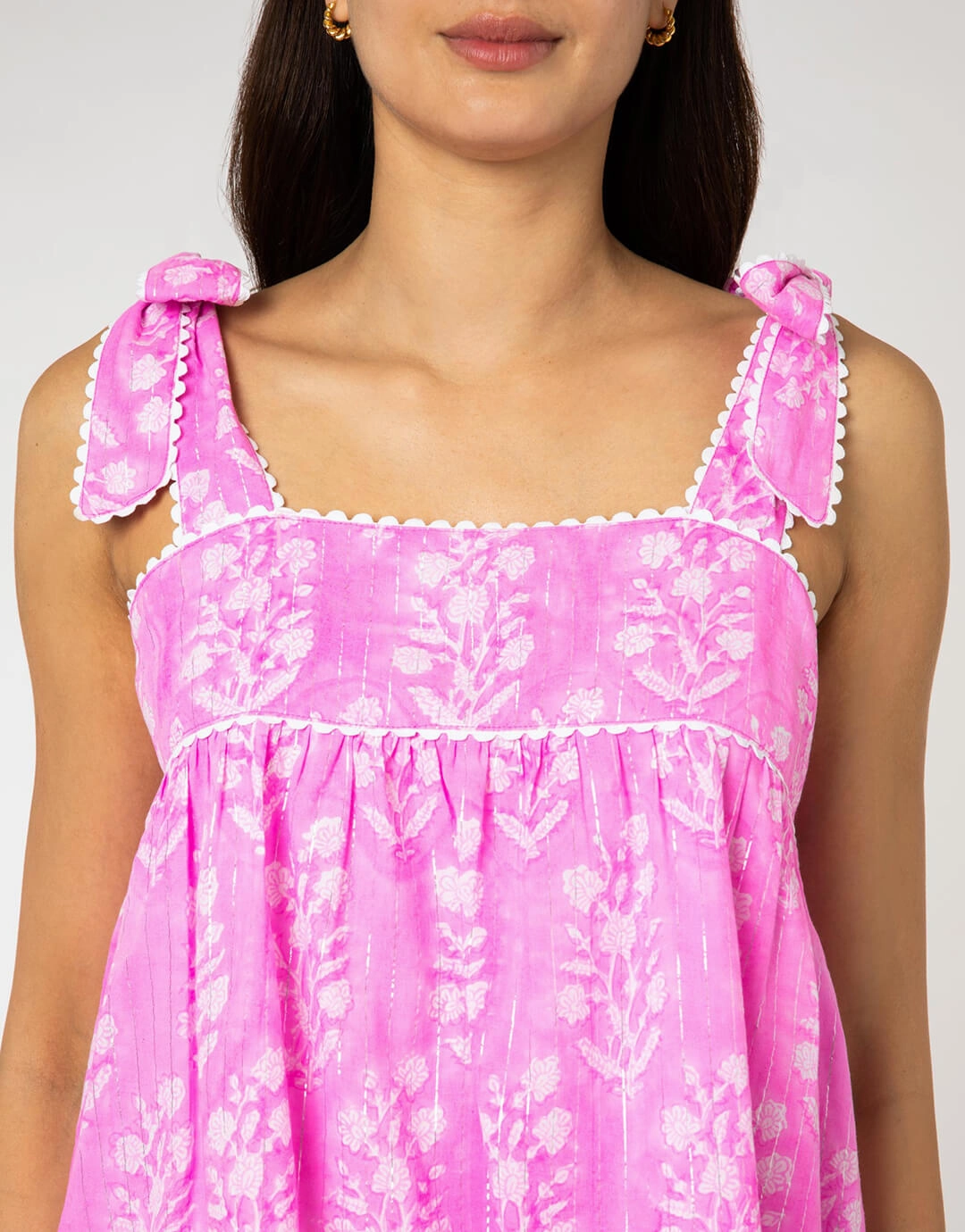 Small Flower Block Print Tie Shoulder Top - Orchid