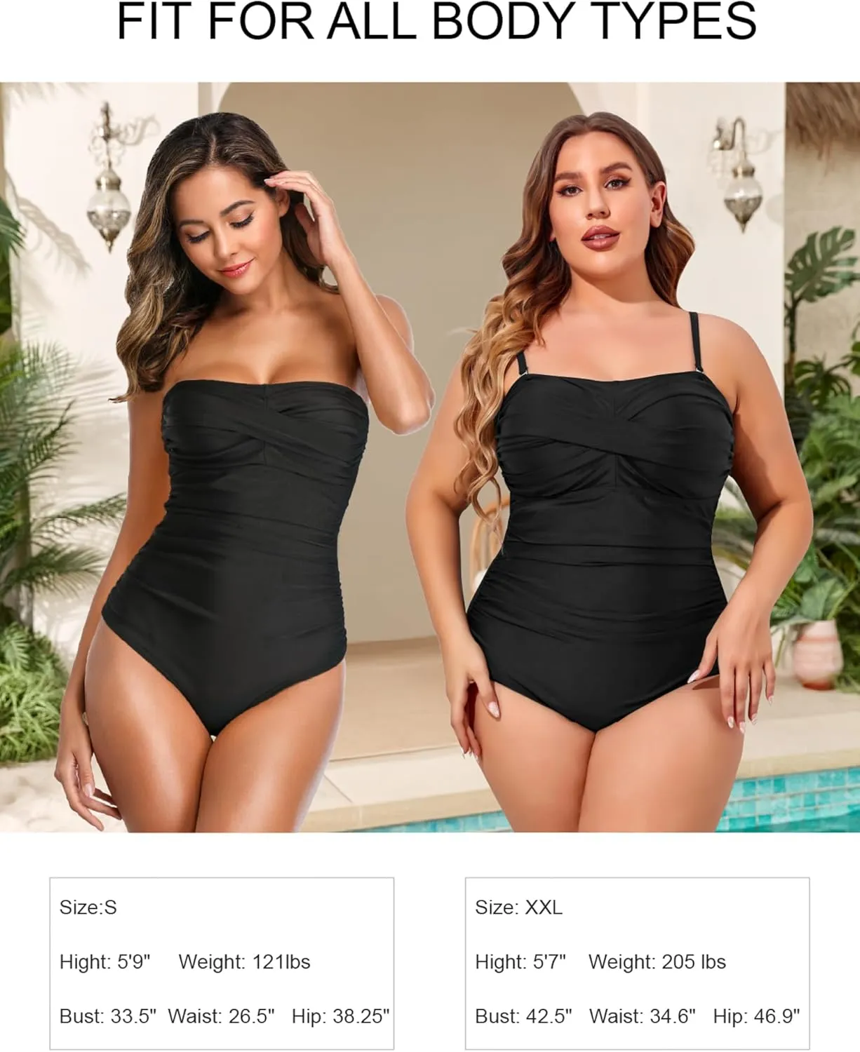 Smismivo Strapless Tummy Control One Piece Swimsuits for Women Bandeau Tube Top Bathing Suit Slimming Ruched Retro Swimwear