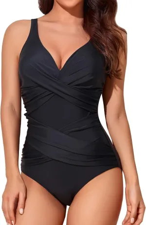 Smismivo Tummy Control Swimsuits for Women Slimming One Piece Bathing Suit Retro Ruched Push Up Vintage Padded Swimwear
