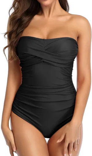 Smismivo Tummy Control Swimwear Strapless One Piece Swimsuit Ruched Bathing Suits for Women Slimming Bandeau Tube Top Bikini