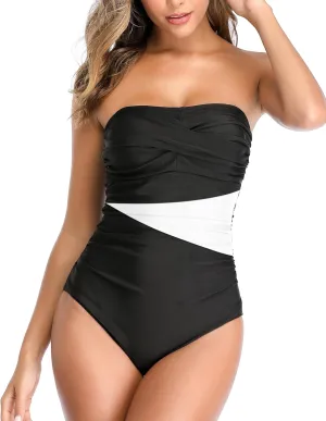 Smismivo Tummy Control Swimwear Strapless One Piece Swimsuit Ruched Bathing Suits for Women Slimming Bandeau Tube Top Bikini