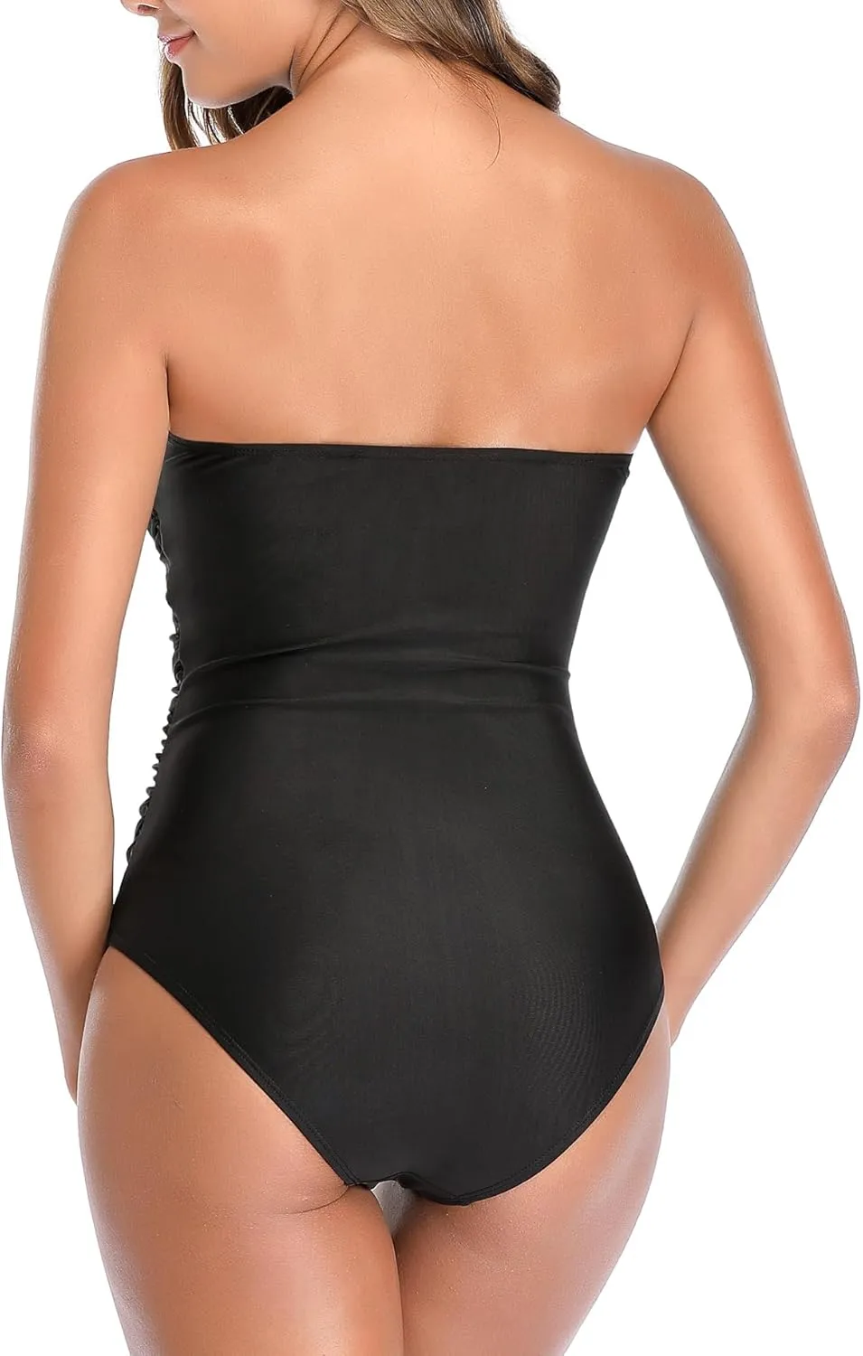 Smismivo Tummy Control Swimwear Strapless One Piece Swimsuit Ruched Bathing Suits for Women Slimming Bandeau Tube Top Bikini
