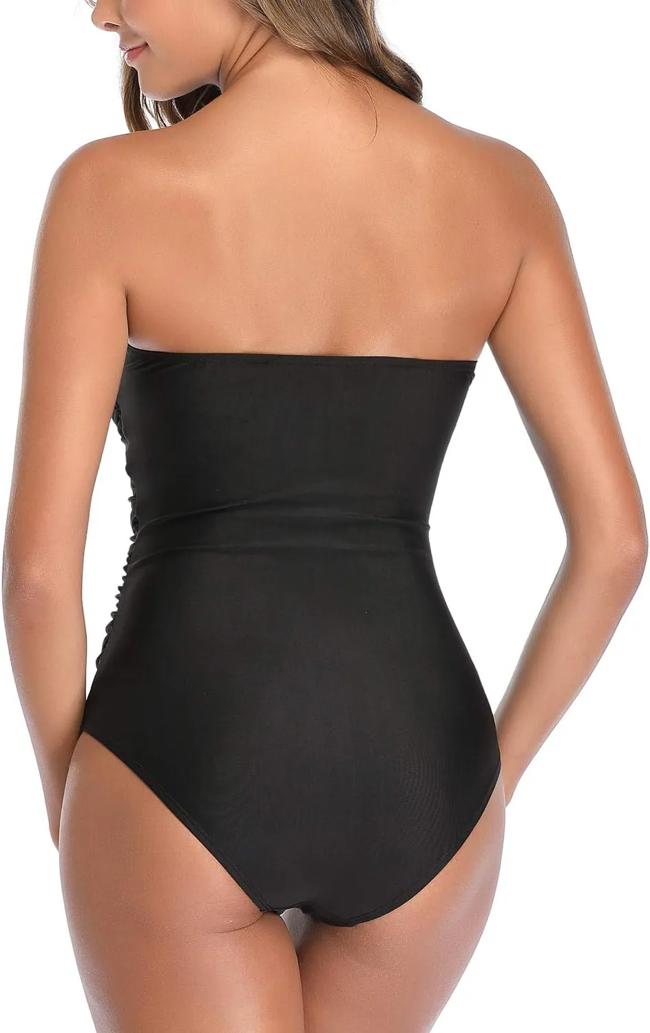 Smismivo Tummy Control Swimwear Strapless One Piece Swimsuit Ruched Bathing Suits for Women Slimming Bandeau Tube Top Bikini