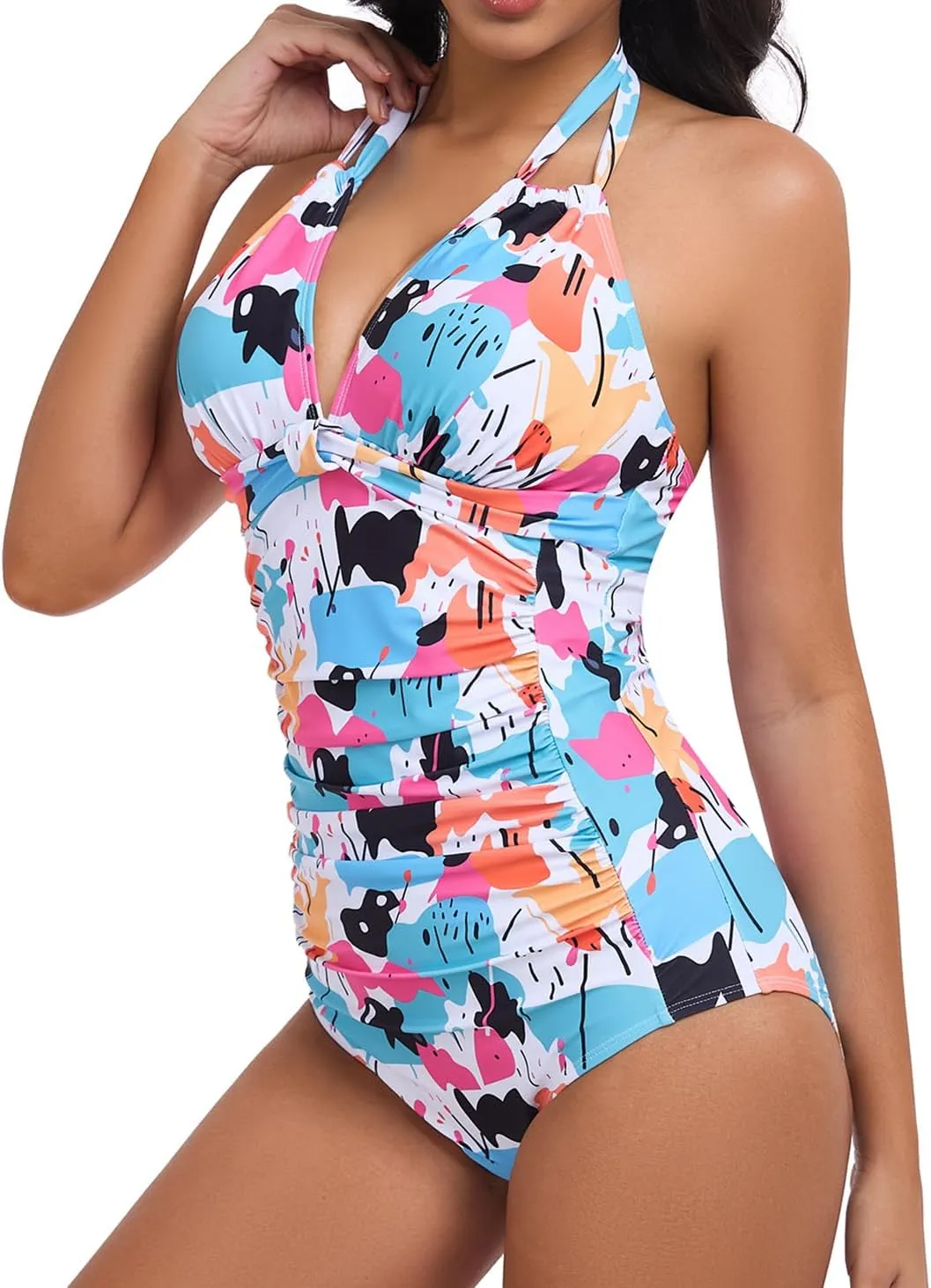 Smismivo Women's Tummy Control One Piece Swimsuits Long Torso Curvy Halter Bathing Suit