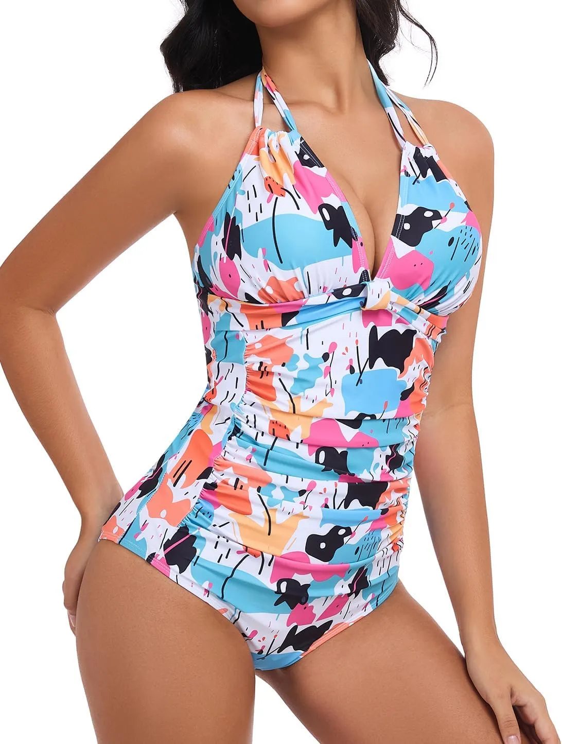 Smismivo Women's Tummy Control One Piece Swimsuits Long Torso Curvy Halter Bathing Suit