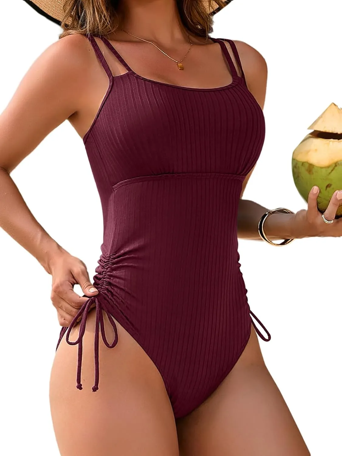 SOCIALA Ribbed One Piece Bathing Suit Women High Cut Swimsuit Tie Side Modest Monikini Swimwear