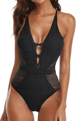 SOCIALA Women's Crochet One Piece Swimsuits V Neck High Waist Bathing Suit Sexy Hollow Monokini Swimwear