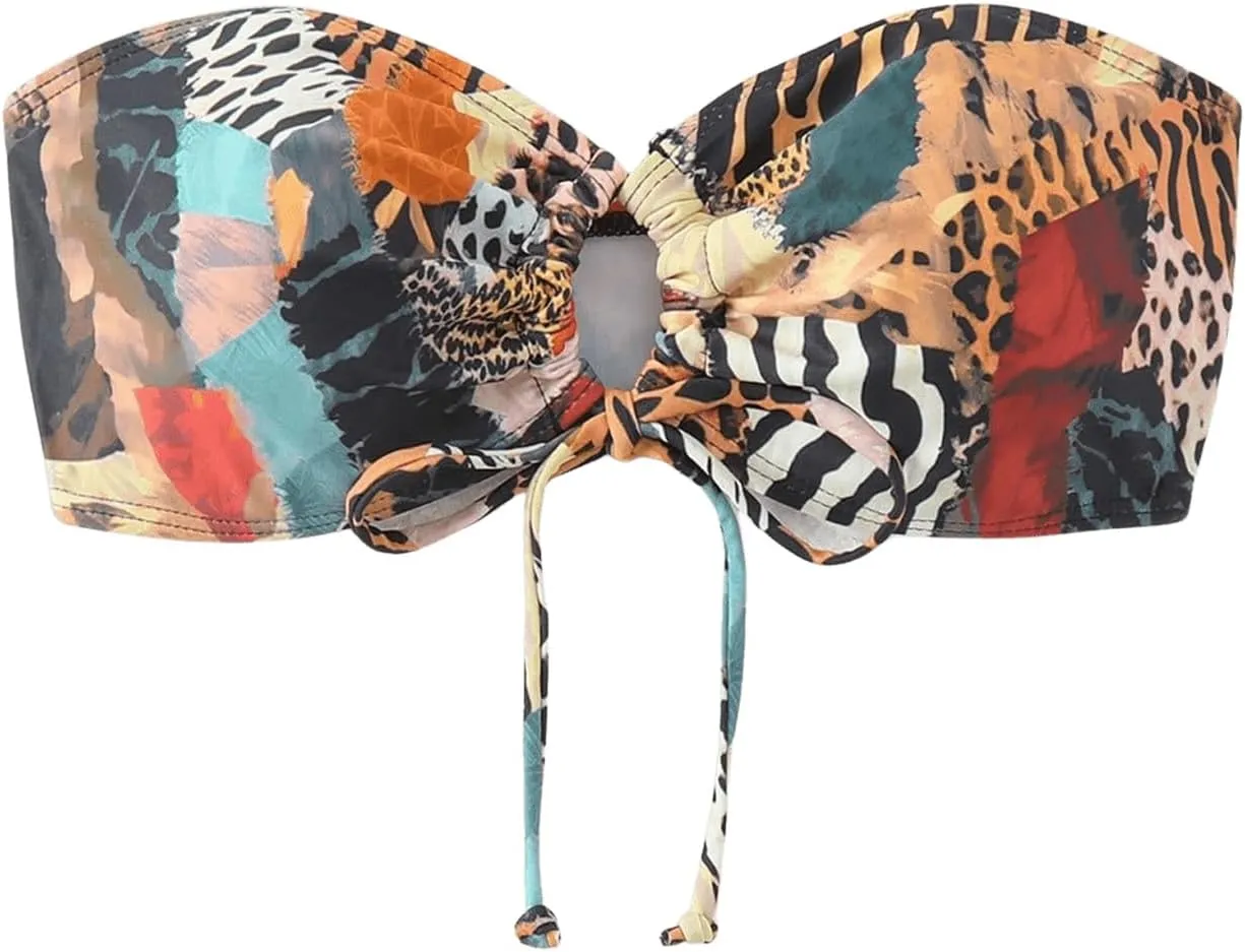 SOLY HUX Women's Boho Bandeau Bikini Top Only Hollow Out String Swim Tops Swimsuit Summer Beachwear