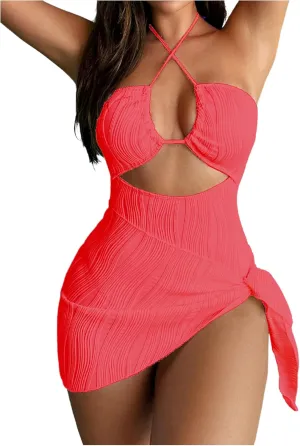 SOLY HUX Women's One Piece Swimsuit Criss Cross Halter Cut Out Bathing Suit with Cover Up