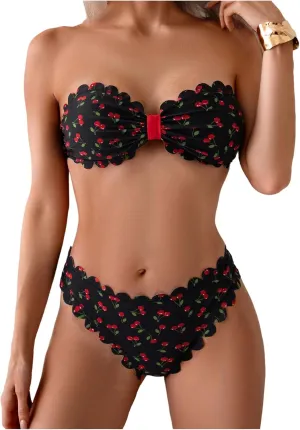 SOLY HUX Women's Strapless Bikini Cute Swimsuit Set High Cut Bandeau Bathing Suits Summer Beach Wear