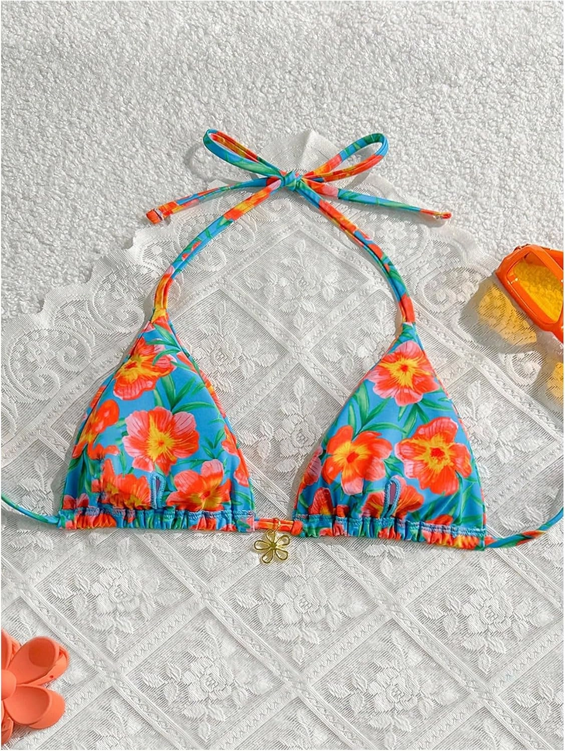 SOLY HUX Women's Floral Print Triangle Bikini Tops Hawaiian Halter Tie Back Bathing Suit Tops Summer Swimsuit Top Only