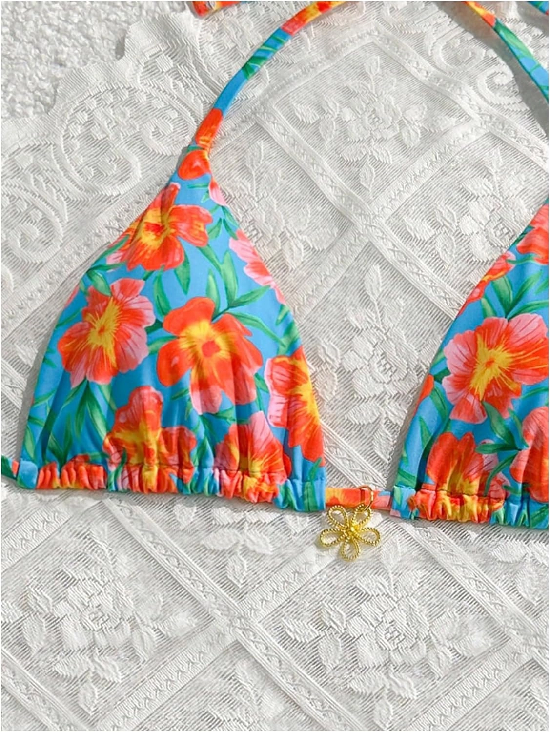SOLY HUX Women's Floral Print Triangle Bikini Tops Hawaiian Halter Tie Back Bathing Suit Tops Summer Swimsuit Top Only