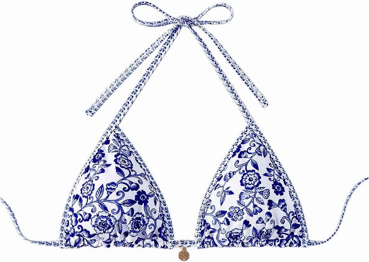 SOLY HUX Women's Triangle Bikini Top Only Tie Back String Floral Print Padded Swimwear Bathing Suits Tops