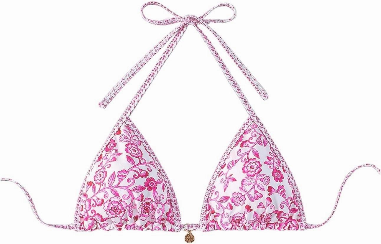 SOLY HUX Women's Triangle Bikini Top Only Tie Back String Floral Print Padded Swimwear Bathing Suits Tops