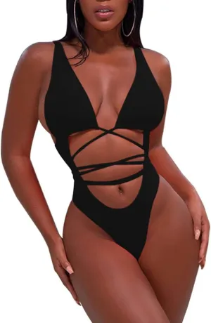 Sovoyontee 2025 Women's Sexy Cheeky One Piece Swimsuits High Cut Thong Bikini Bathing Suit Monokini