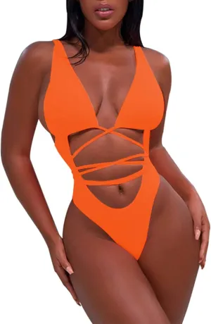 Sovoyontee 2025 Women's Sexy Cheeky One Piece Swimsuits High Cut Thong Bikini Bathing Suit Monokini