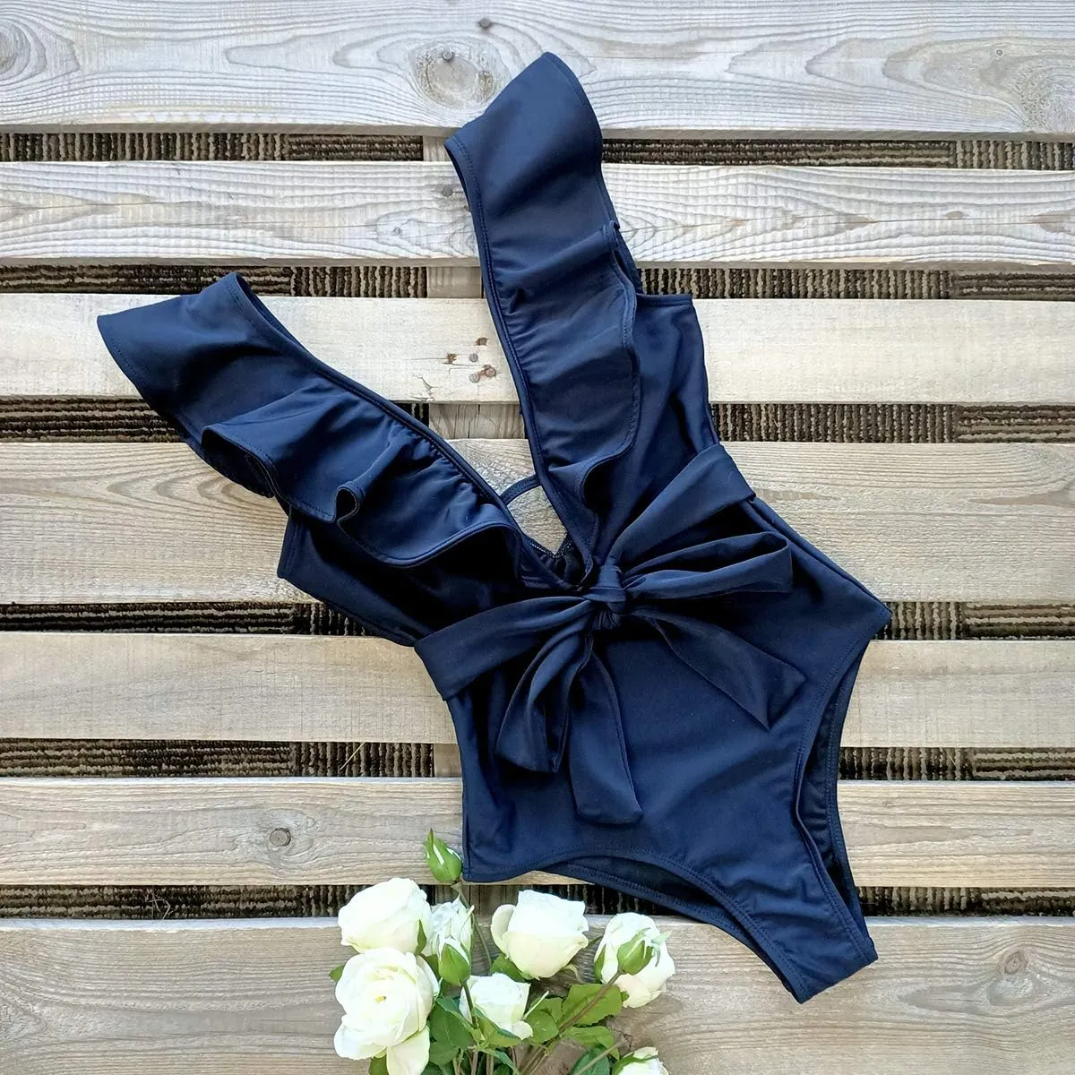 SPORLIKE Women One Piece Swimsuit V-Neck Ruffle Bathing Suit Padded Monokini