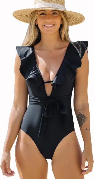 SPORLIKE Women One Piece Swimsuit V-Neck Ruffle Bathing Suit Padded Monokini