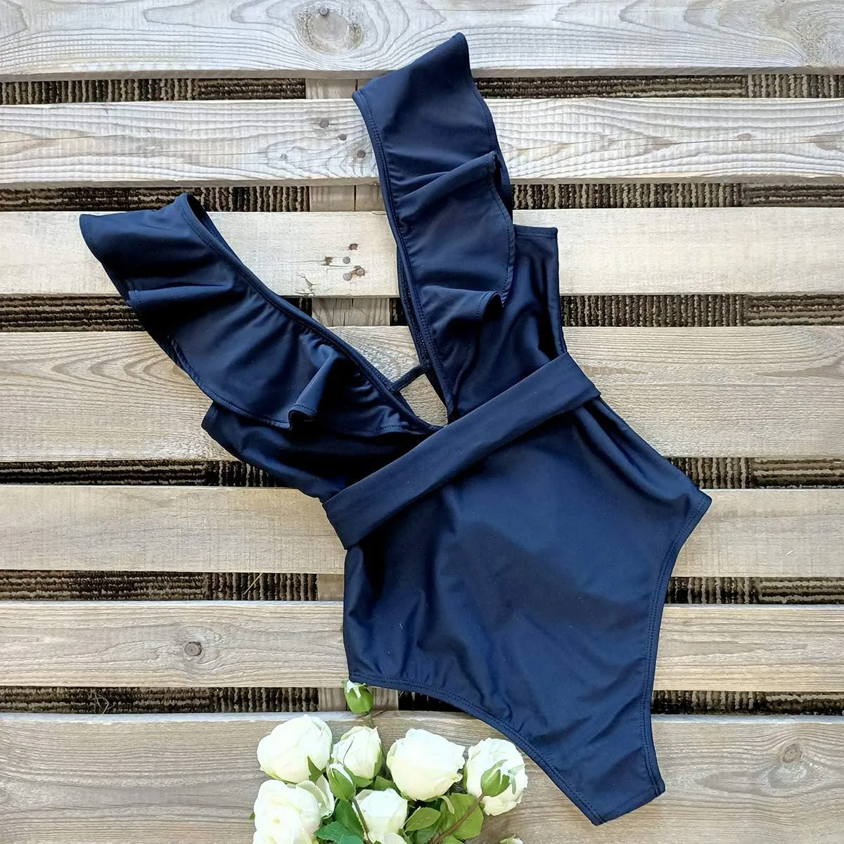 SPORLIKE Women One Piece Swimsuit V-Neck Ruffle Bathing Suit Padded Monokini