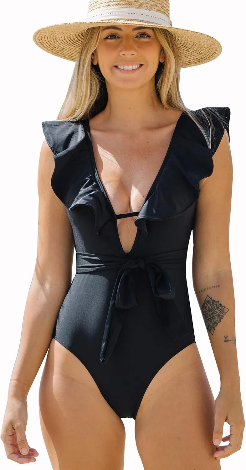 SPORLIKE Women One Piece Swimsuit V-Neck Ruffle Bathing Suit Padded Monokini