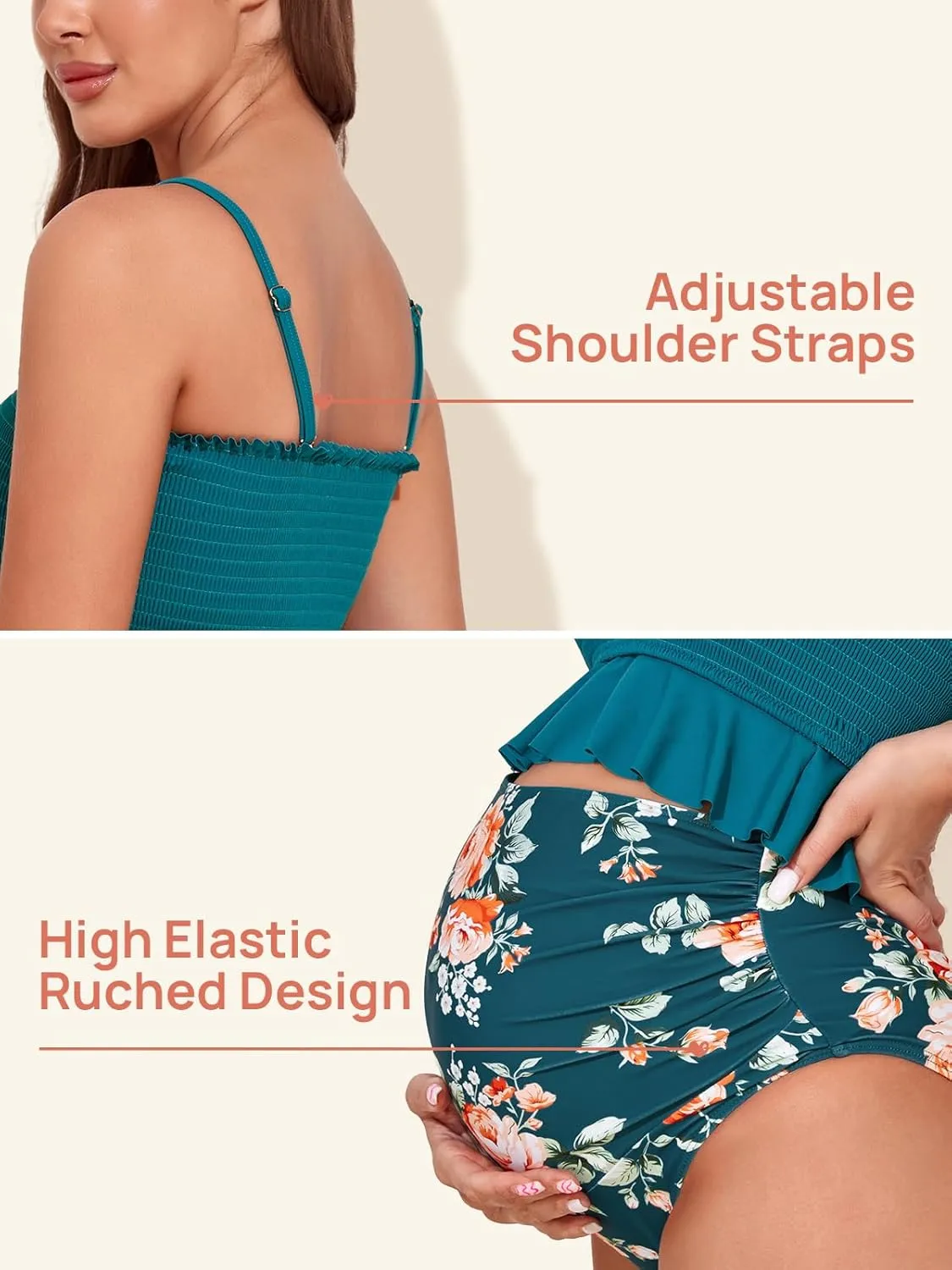Summer Mae Maternity High Waist Swimsuit Ruffle Hem Bikini Bathing Suit Shirred Bandeau Two Piece Pregnancy Swimwear