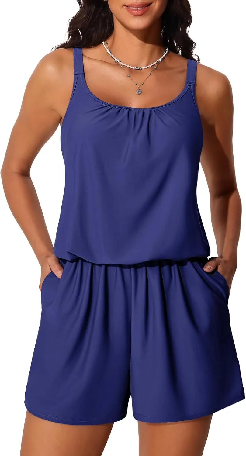 Summer Mae Swim Romper Women's One Piece Swimsuits with Pockets 2025 Blouson Modest Bathing Suits