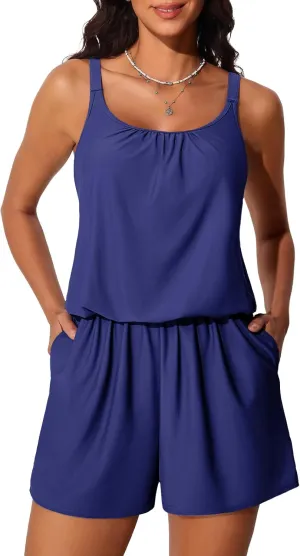 Summer Mae Swim Romper Women's One Piece Swimsuits with Pockets 2025 Blouson Modest Bathing Suits