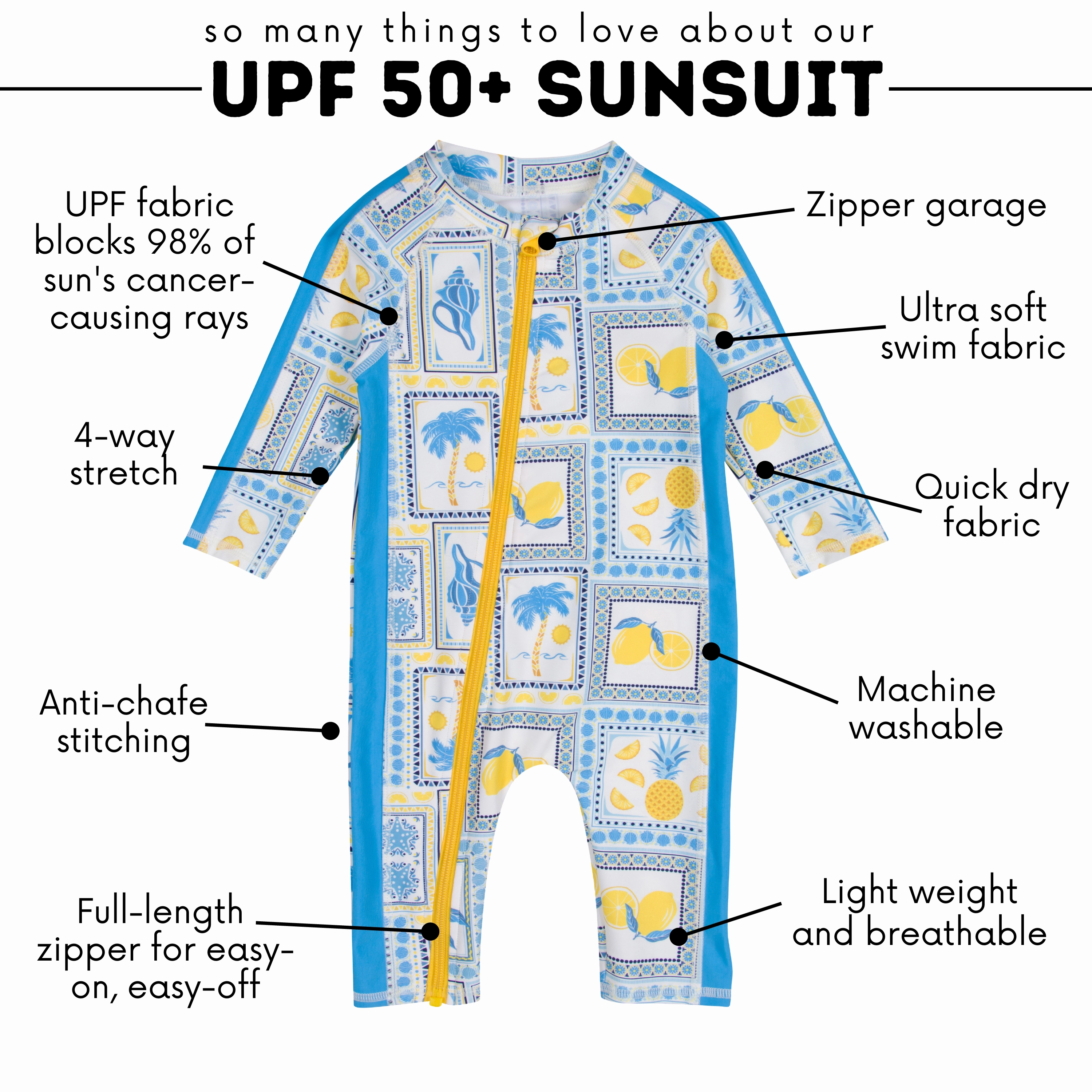 Sunsuit - Long Sleeve Romper Swimsuit | "Mediterranean Lemons"