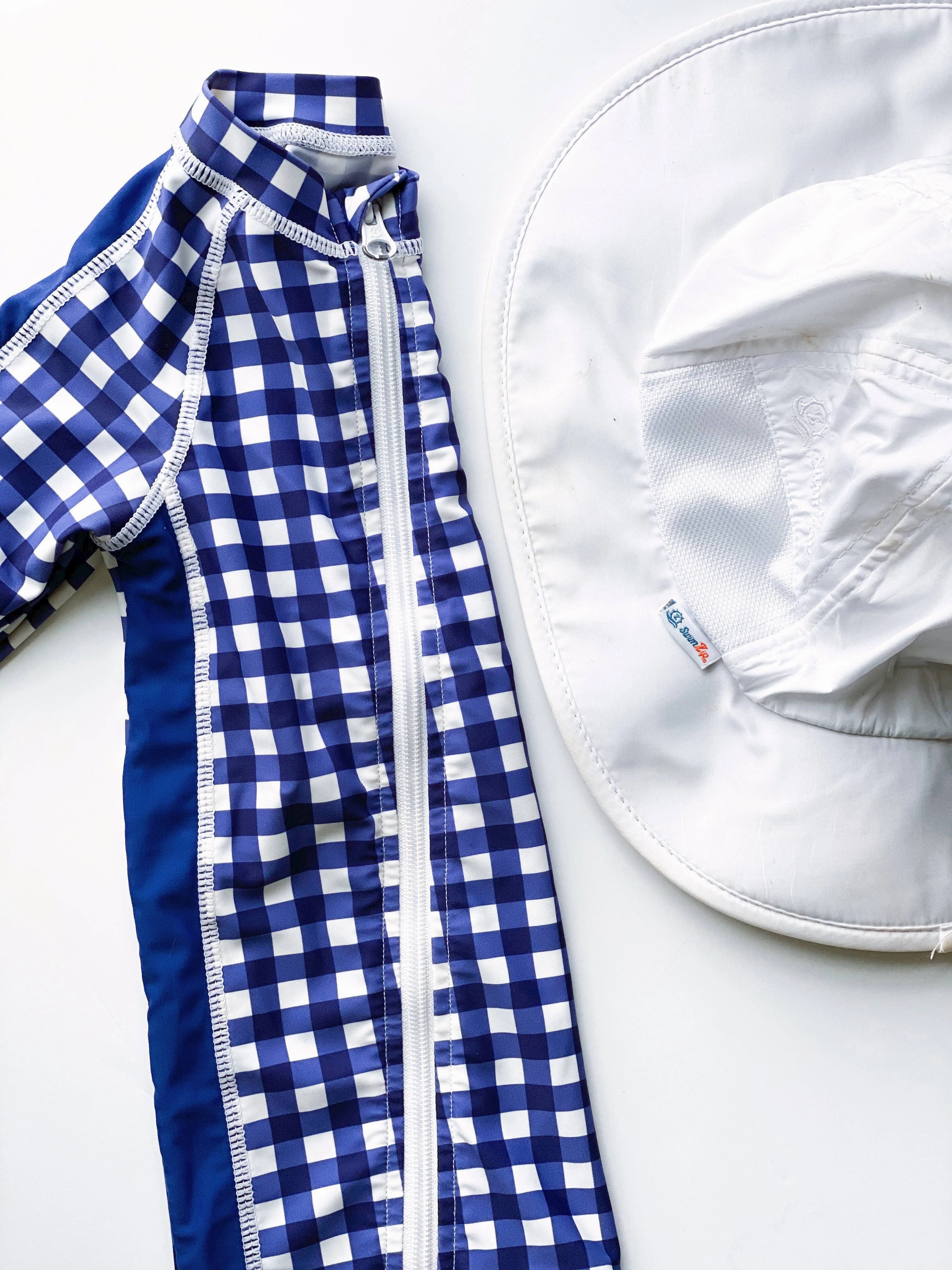Sunsuit - Long Sleeve Romper Swimsuit | "Navy Gingham"