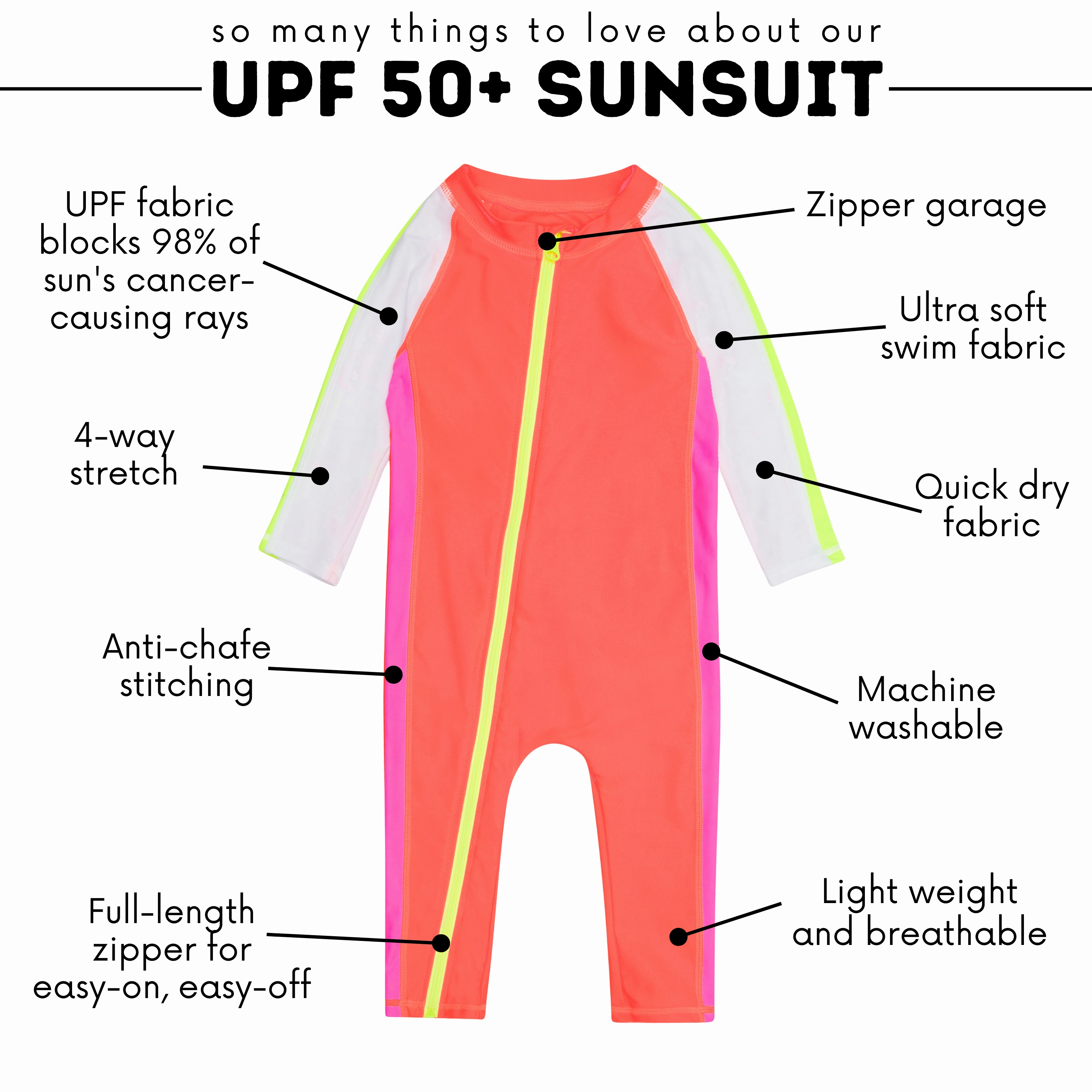 Sunsuit - Long Sleeve Romper Swimsuit | "Neon Orange/White"