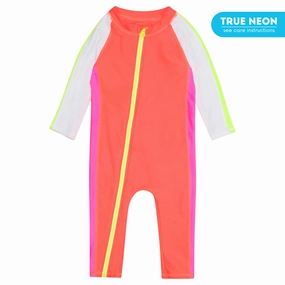 Sunsuit - Long Sleeve Romper Swimsuit | "Neon Orange/White"