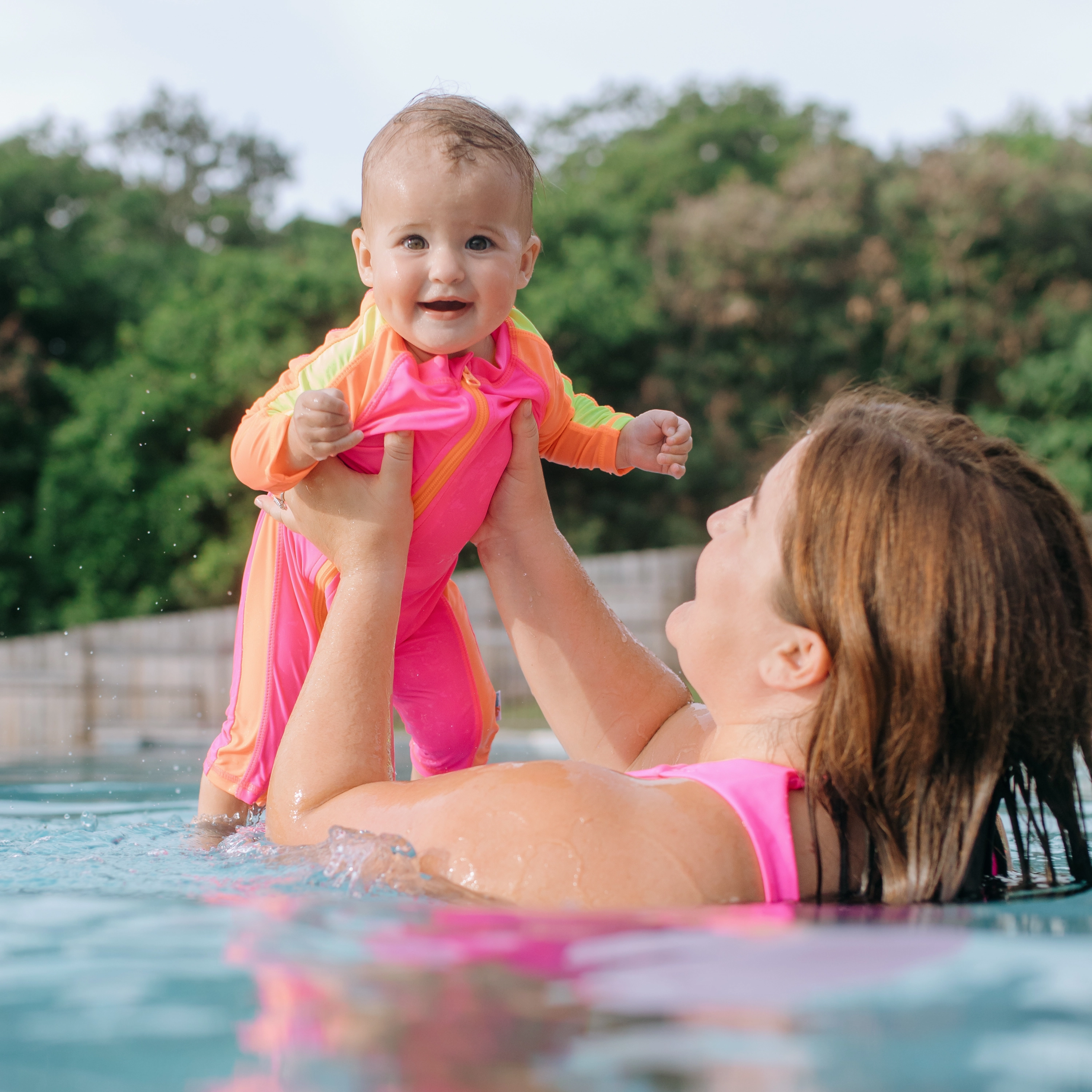 Sunsuit - Long Sleeve Romper Swimsuit | "Neon Pink/Orange"