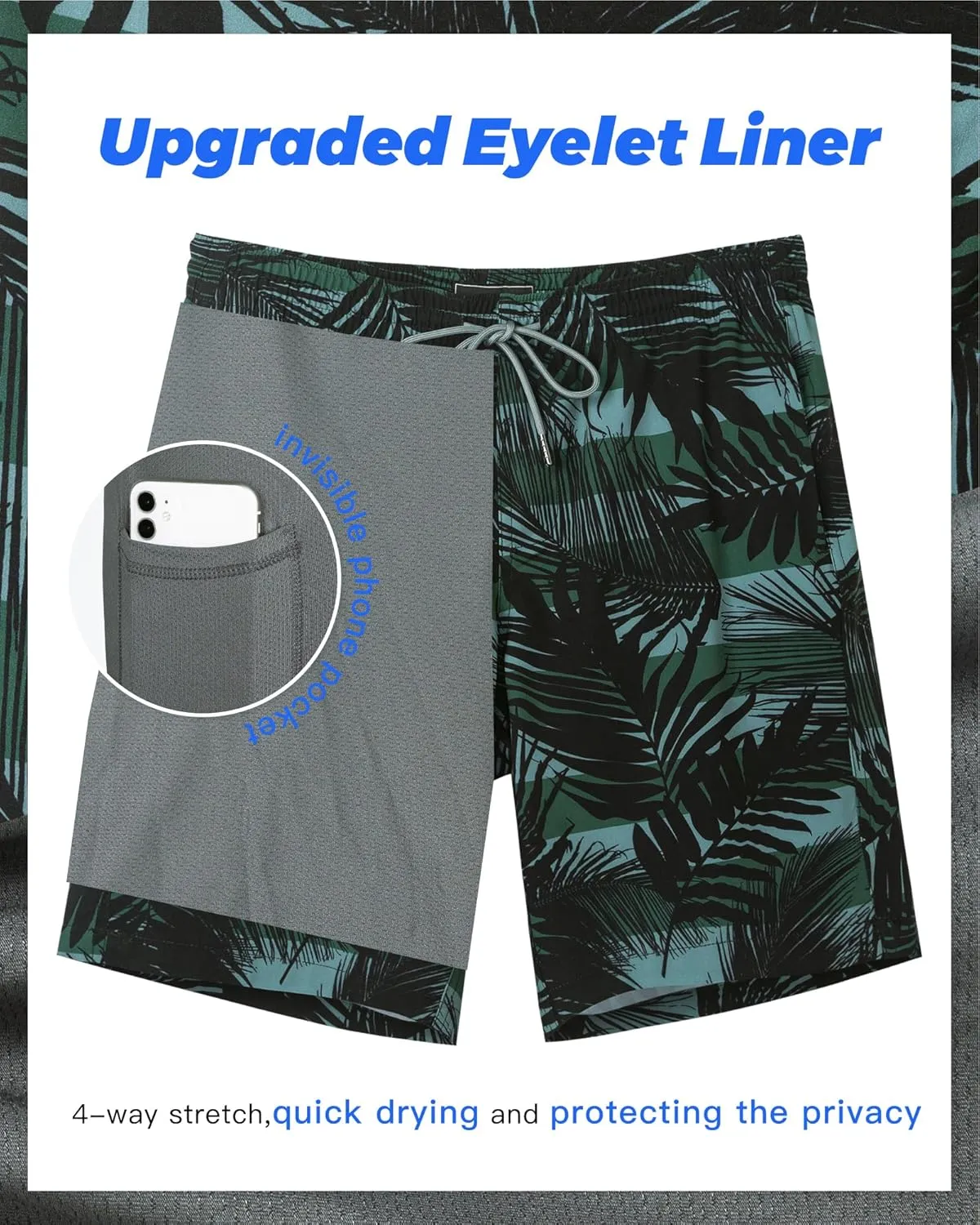 SURF CUZ 9" Mens Swim Trunks with Compression Liner Bathing Suits 2 in 1 Stretch Zipper Pockets Quick Dry