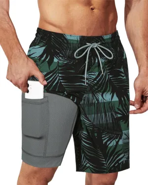 SURF CUZ 9" Mens Swim Trunks with Compression Liner Bathing Suits 2 in 1 Stretch Zipper Pockets Quick Dry