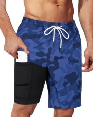 SURF CUZ 9" Mens Swim Trunks with Compression Liner Bathing Suits 2 in 1 Stretch Zipper Pockets Quick Dry