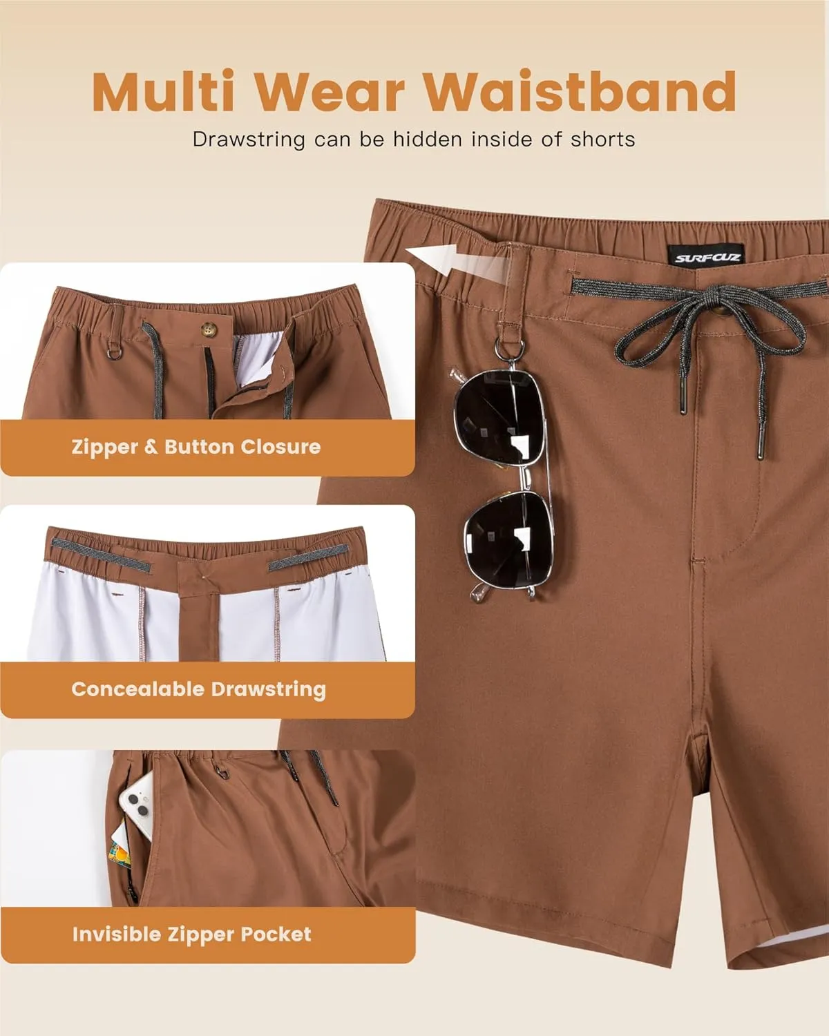 SURF CUZ Mens 5 Inch Shorts Casual Workout Shorts Classic Fit Multi-Pocket Golf Flat Front Shorts Quick Dry Hybrid Short