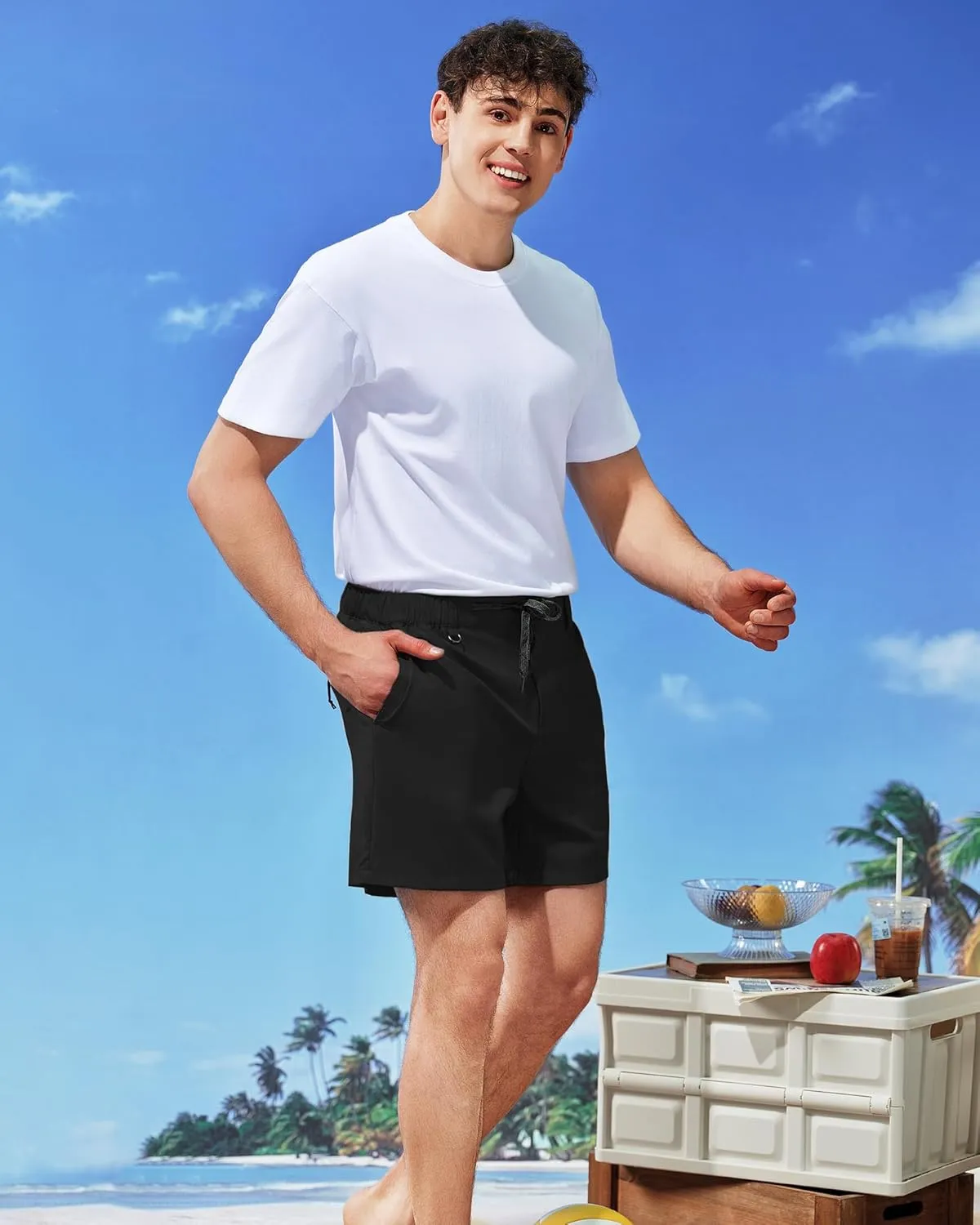 SURF CUZ Mens 5 Inch Shorts Casual Workout Shorts Classic Fit Multi-Pocket Golf Flat Front Shorts Quick Dry Hybrid Short