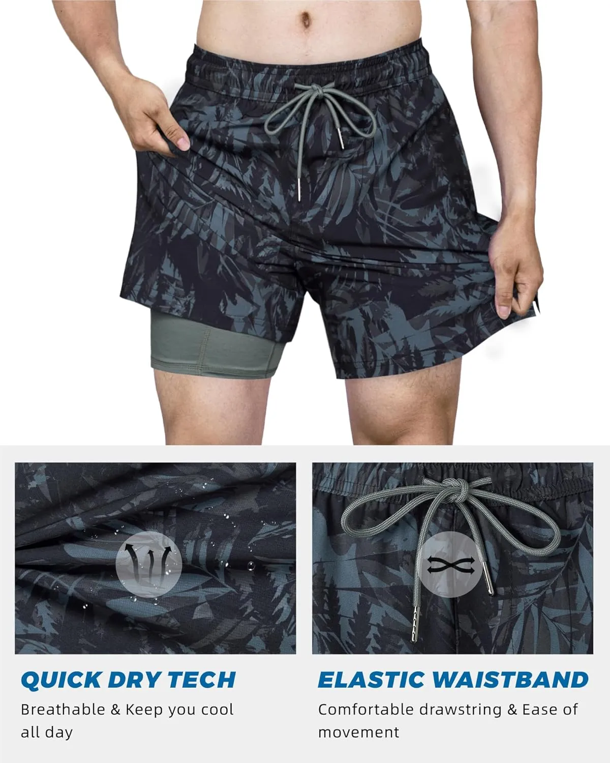 SURF CUZ Mens Swim Trunks with Compression Liner 5" Swim Shorts Quick Dry Bathing Suit Swimming Trunks Zipper Pockets