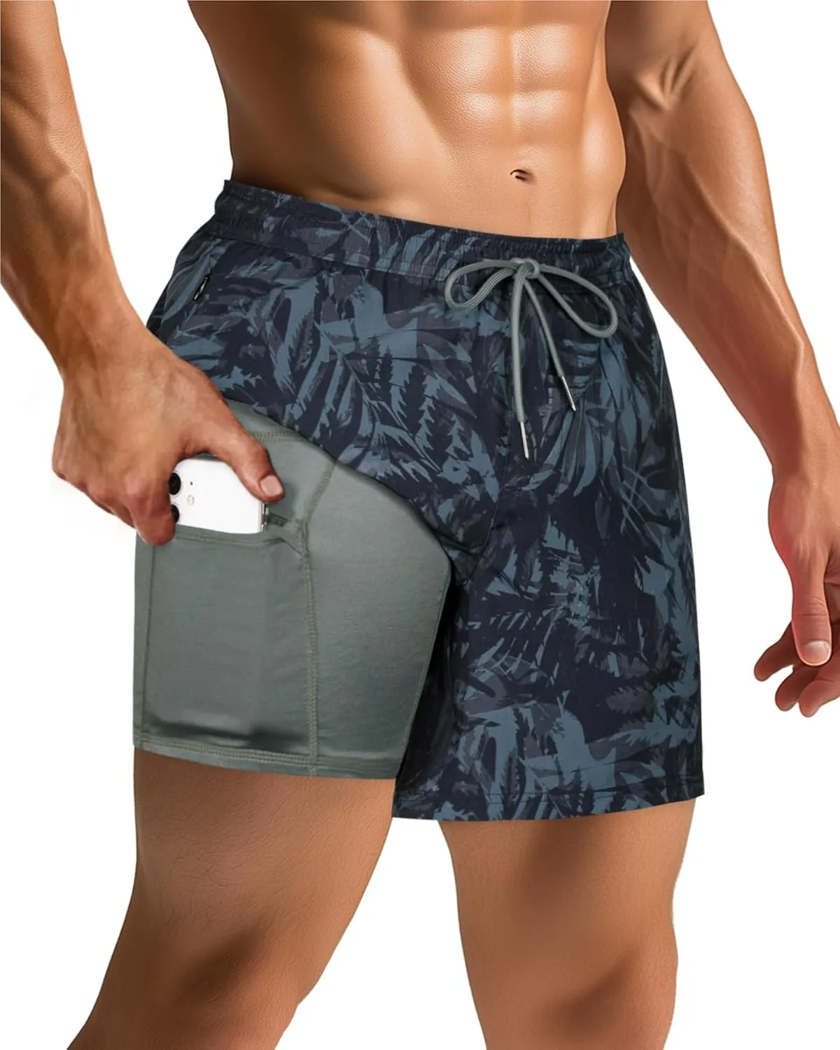 SURF CUZ Mens Swim Trunks with Compression Liner 5" Swim Shorts Quick Dry Bathing Suit Swimming Trunks Zipper Pockets