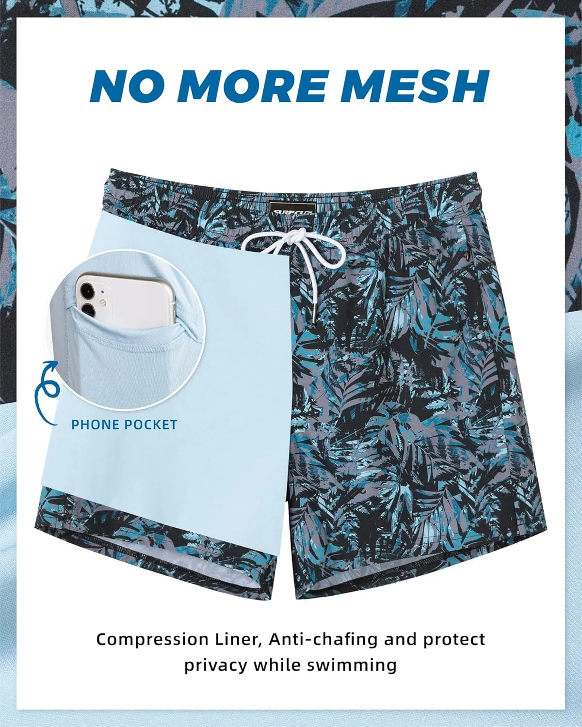 SURF CUZ Mens Swim Trunks with Compression Liner 5" Swim Shorts Quick Dry Bathing Suit Swimming Trunks Zipper Pockets