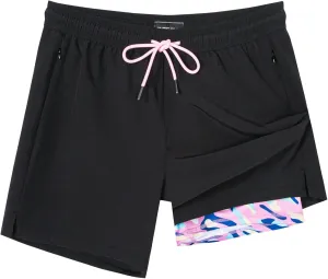 SURF CUZ Mens Swim Trunks with Compression Liner 5" Swim Shorts Quick Dry Bathing Suit Swimming Trunks Zipper Pockets