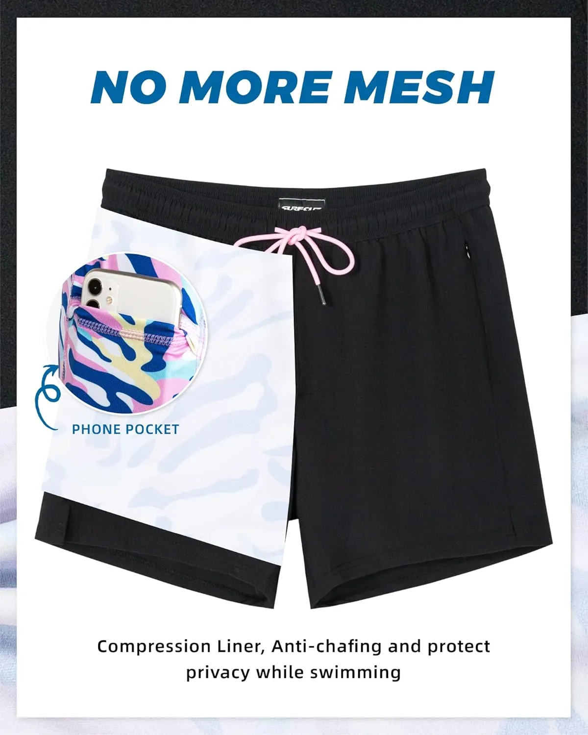 SURF CUZ Mens Swim Trunks with Compression Liner 5" Swim Shorts Quick Dry Bathing Suit Swimming Trunks Zipper Pockets