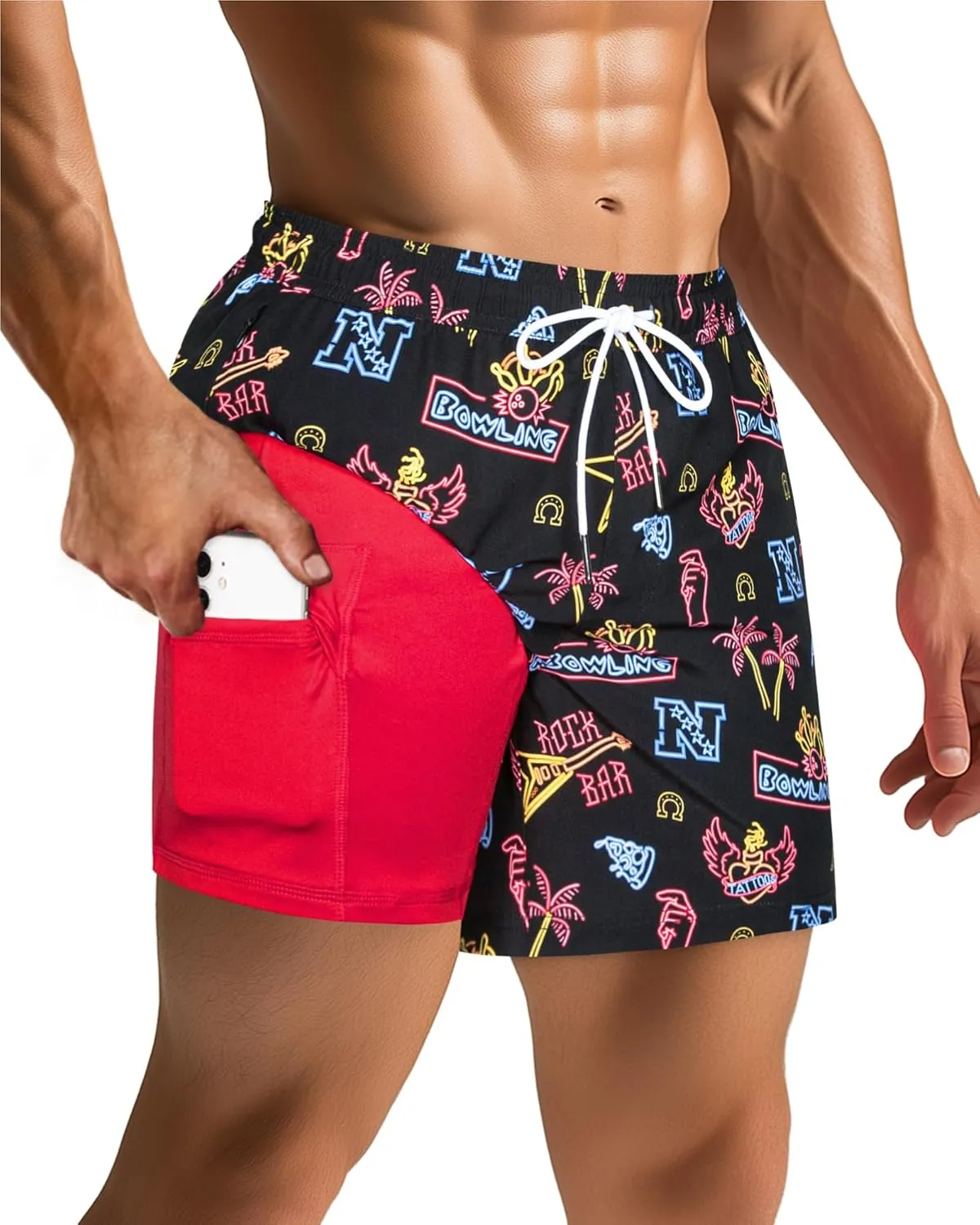 SURF CUZ Mens Swim Trunks with Compression Liner 5" Swim Shorts Quick Dry Bathing Suit Swimming Trunks Zipper Pockets