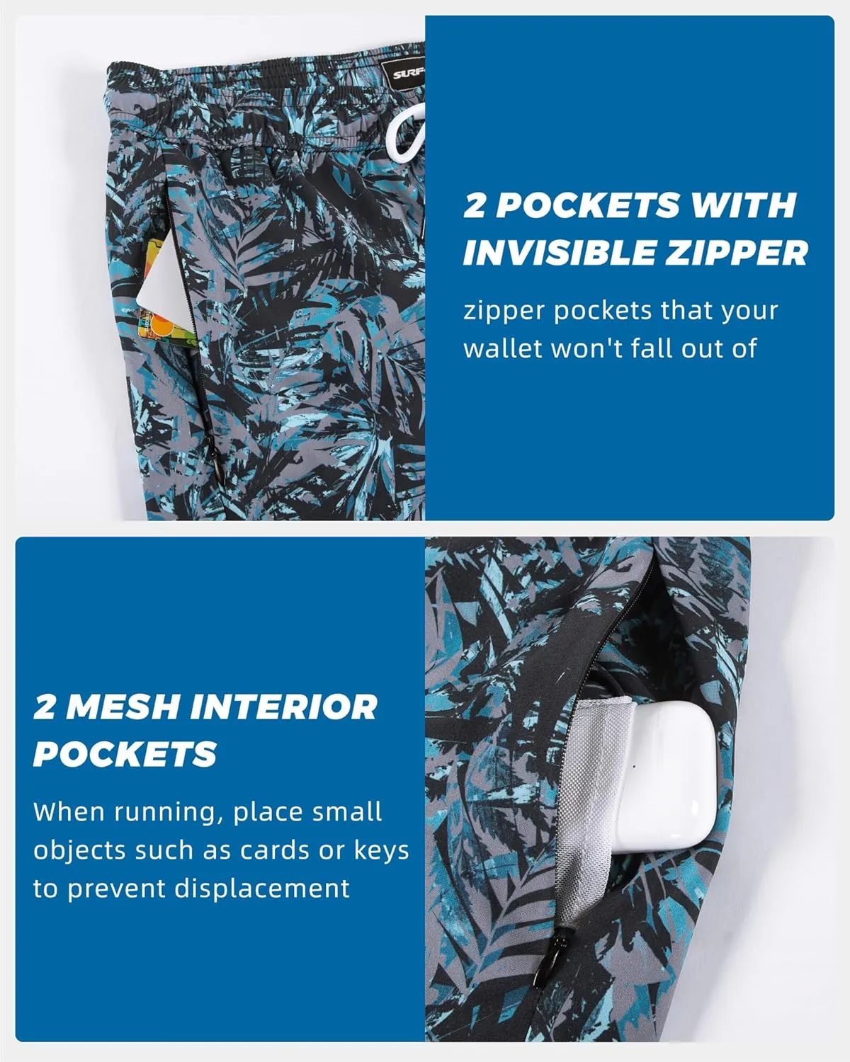 SURF CUZ Mens Swim Trunks with Compression Liner 5" Swim Shorts Quick Dry Bathing Suit Swimming Trunks Zipper Pockets