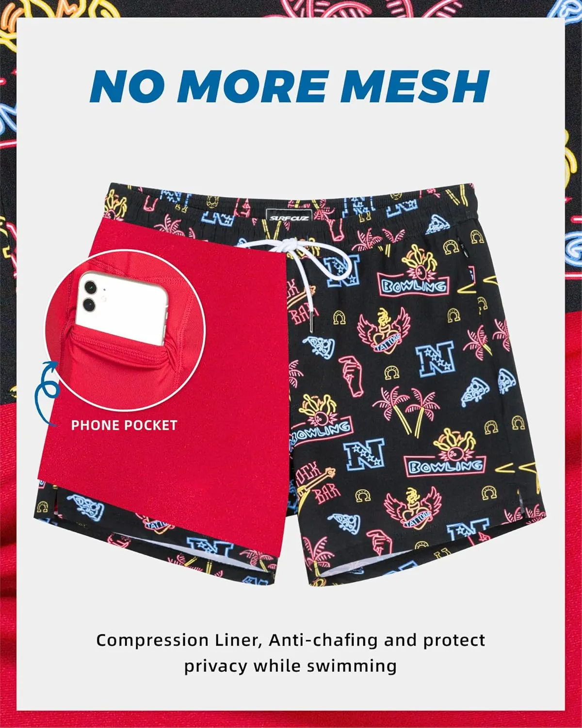 SURF CUZ Mens Swim Trunks with Compression Liner 5" Swim Shorts Quick Dry Bathing Suit Swimming Trunks Zipper Pockets